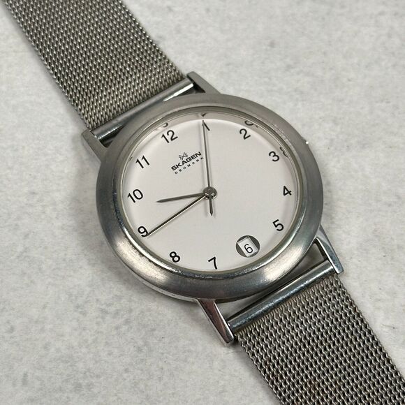 Skagen Accessories - Skagen Watch Womens 34mm Date White Dial Silver Tone Mesh Band Slim New Battery